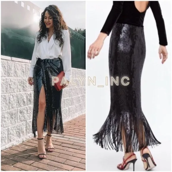 💥SHOWSTOPPER💥ZARA Black Sequin Wrap Fringe Hem Ankle Length Skirt