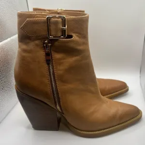 SILENT D Womens Tan Leather Side Zip Buckle Detail Chunky Heel Pointed Toe Boots