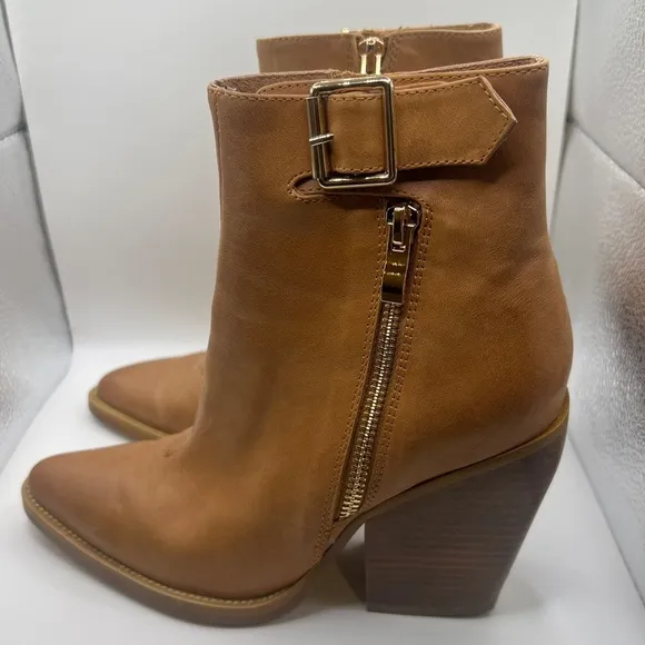 SILENT D Womens Tan Leather Side Zip Buckle Detail Chunky Heel Pointed Toe Boots