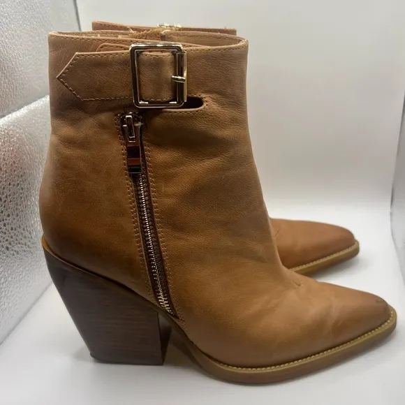 SILENT D Womens Tan Leather Side Zip Buckle Detail Chunky Heel Pointed Toe Boots