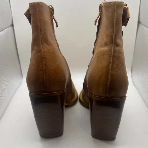 SILENT D Womens Tan Leather Side Zip Buckle Detail Chunky Heel Pointed Toe Boots