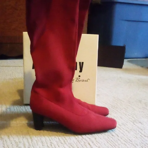 Slinky Brand Red Heeled Boots with Knee-High Design