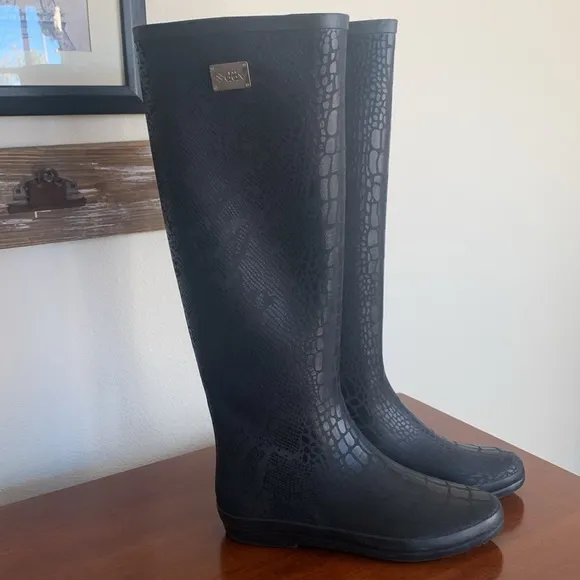Snake Print Embossed Rubber Rain Boots‎ Tall Waterproof Wellington Size 8