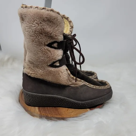Snowland Boots Camel Leather Faux Suede Sherpa Lined Round Toe Lace Up Size 7