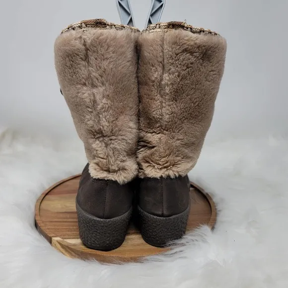 Snowland Boots Camel Leather Faux Suede Sherpa Lined Round Toe Lace Up Size 7