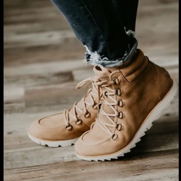 Sorel 8 Brown Leather Ankle Booties Lace Up Boots HARLOW Elk