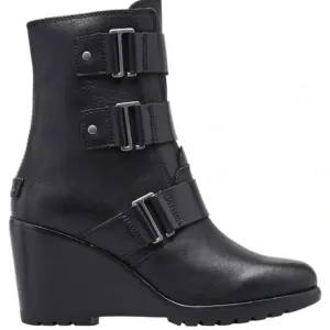Sorel After Hours Black Wedge Heeled Boots Buckle Straps size 9.5