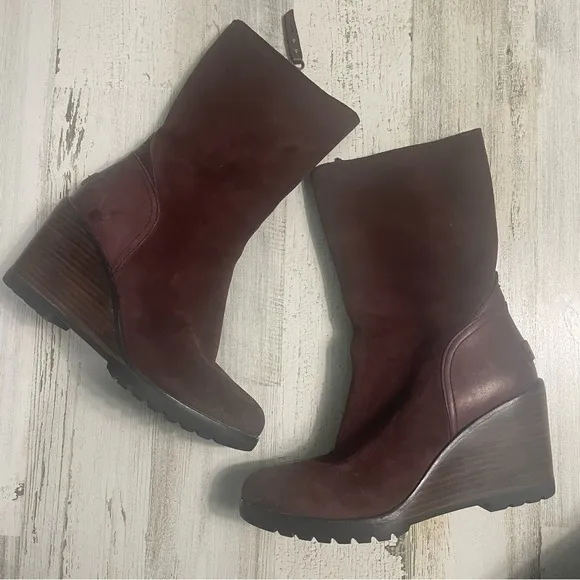 Sorel After Hours Mid Calf Waterproof Suede Burgundy Redwood Wedge Boots Sz 7.5