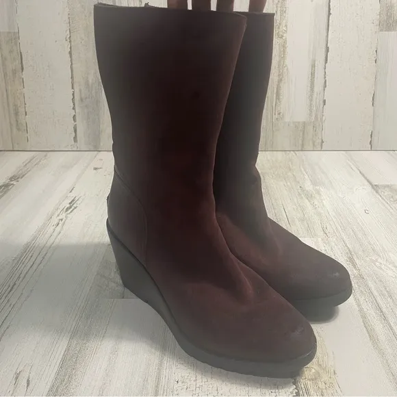 Sorel After Hours Mid Calf Waterproof Suede Burgundy Redwood Wedge Boots Sz 7.5