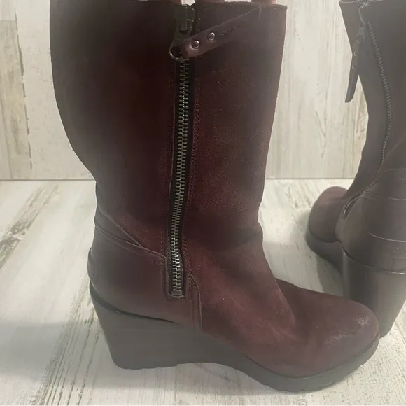 Sorel After Hours Mid Calf Waterproof Suede Burgundy Redwood Wedge Boots Sz 7.5