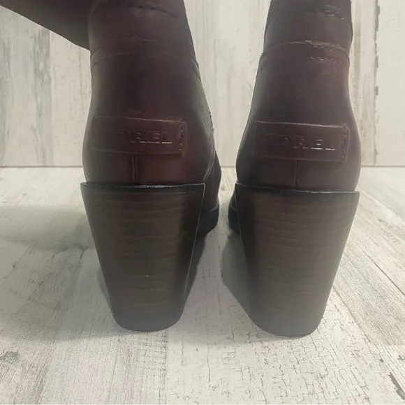 Sorel After Hours Mid Calf Waterproof Suede Burgundy Redwood Wedge Boots Sz 7.5