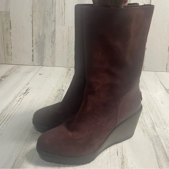 Sorel After Hours Mid Calf Waterproof Suede Burgundy Redwood Wedge Boots Sz 7.5