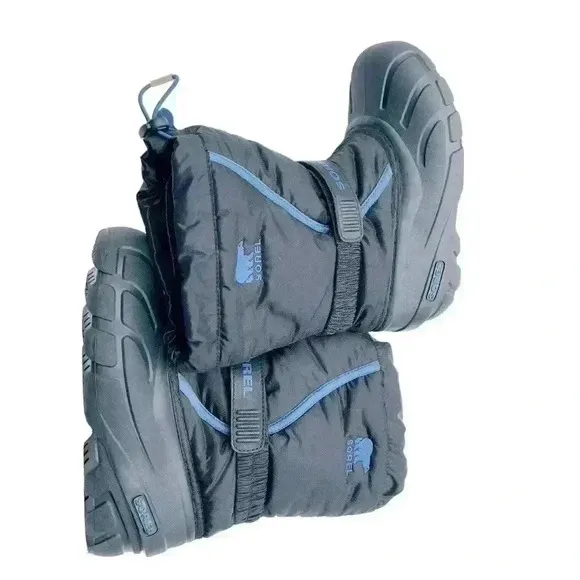 SOREL BIG KIDS WATERPROOF SNOW BOOTS BLACK/BLUE SIZE4 PREOWNED GREAT CONDITION