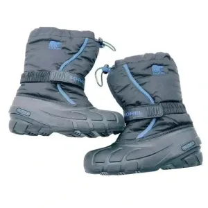 SOREL BIG KIDS WATERPROOF SNOW BOOTS BLACK/BLUE SIZE4 PREOWNED GREAT CONDITION