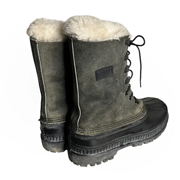 SOREL Black Green Winter Boots CARIBOU Rubber Nubuck Waterproof Mens Size 7