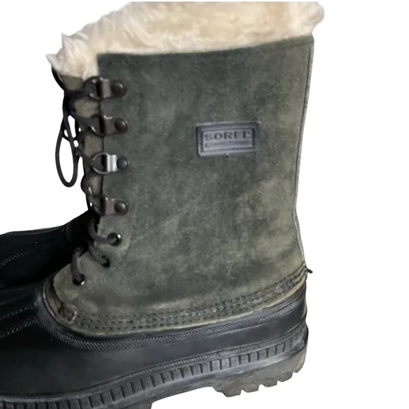 SOREL Black Green Winter Boots CARIBOU Rubber Nubuck Waterproof Mens Size 7