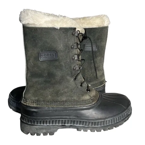 SOREL Black Green Winter Boots CARIBOU Rubber Nubuck Waterproof Mens Size 7