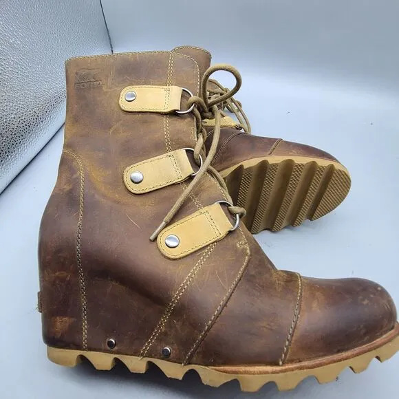 Sorel Boots Womens Sz 10 Joan of Arctic Wedge Waterproof Lace Up Brown Leather