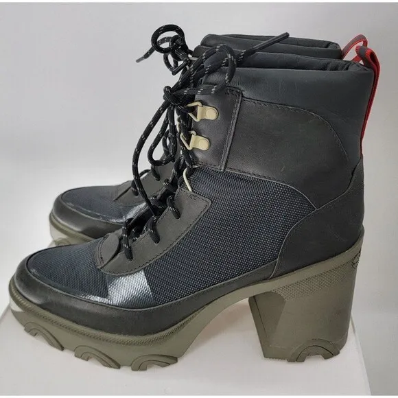 SOREL Brex Lace Up Block Heel Waterproof Rain Snow Boot Olive Green
