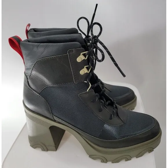 SOREL Brex Lace Up Block Heel Waterproof Rain Snow Boot Olive Green