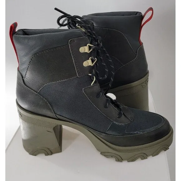 SOREL Brex Lace Up Block Heel Waterproof Rain Snow Boot Olive Green