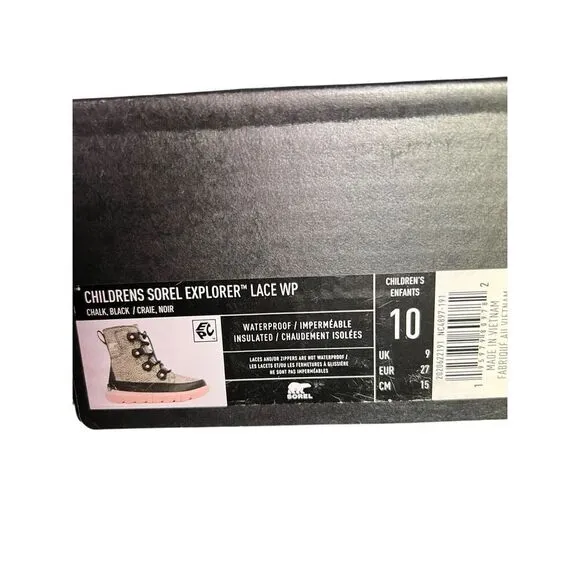 Sorel children girls 10 explorer lace pink black waterproof insulated boots