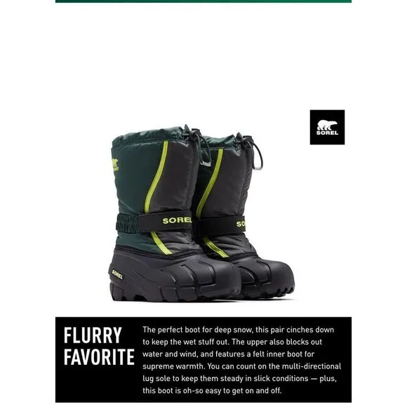 Sorel Children's Flurry‎ Snow Boot in Spruce/Grill, Size 8 NIB