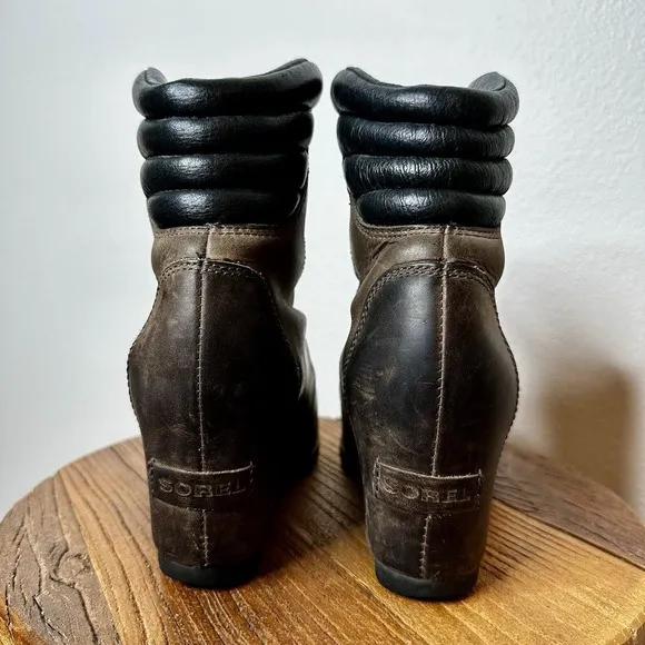 Sorel Conquest Waterproof Hiker‎ Wedge Lace Up Leather Boot Quarry / Black 6.5