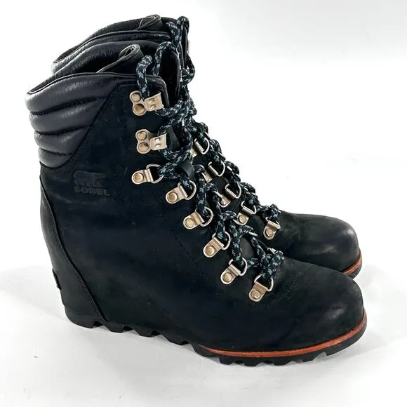 Sorel Conquest Wedge Boots 8.5 Black Leather LL5333-011 Lace Up Combat Moto