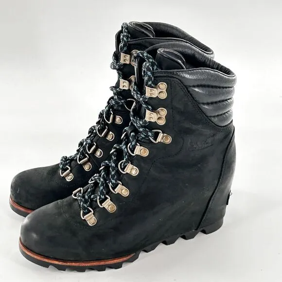 Sorel Conquest Wedge Boots 8.5 Black Leather LL5333-011 Lace Up Combat Moto