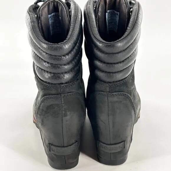 Sorel Conquest Wedge Boots 8.5 Black Leather LL5333-011 Lace Up Combat Moto