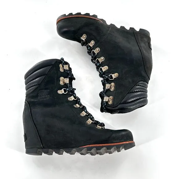 Sorel Conquest Wedge Boots 8.5 Black Leather LL5333-011 Lace Up Combat Moto