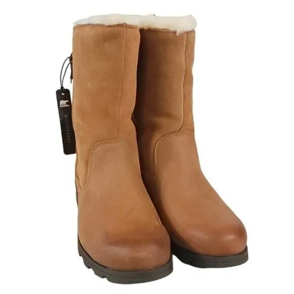 Sorel Emelie Foldover Casual Boots in Camel Brown Waterproof Leather Suede