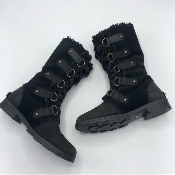 SOREL Emelie Lace Up Winter Boots Black Leather Waterproof Insulated Combat 7.5