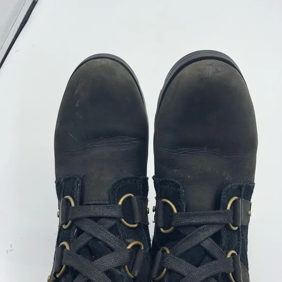 SOREL Emelie Lace Up Winter Boots Black Leather Waterproof Insulated Combat 7.5