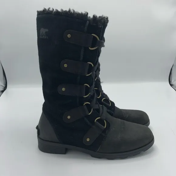 SOREL Emelie Lace Up Winter Boots Black Leather Waterproof Insulated Combat 7.5