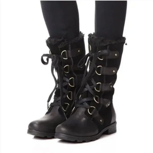 SOREL Emelie Lace Up Winter Boots Black Leather Waterproof Insulated Combat 7.5