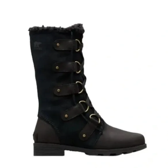 SOREL Emelie Lace Up Winter Boots Black Leather Waterproof Insulated Combat 7.5