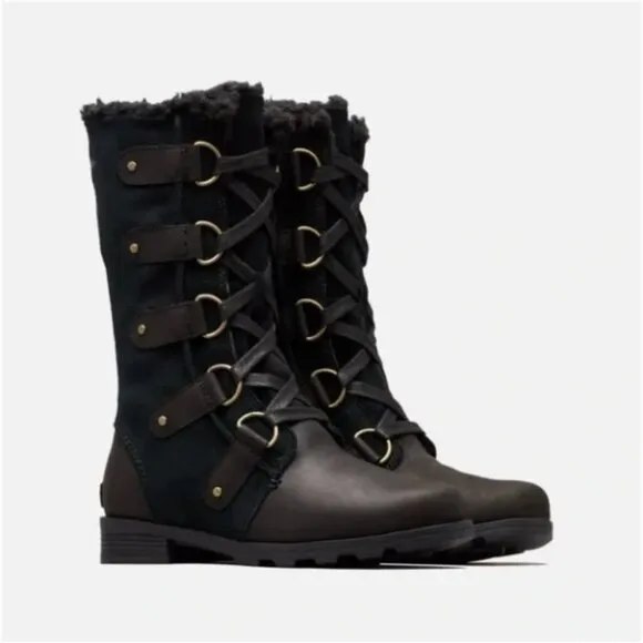 SOREL Emelie Lace Up Winter Boots Black Leather Waterproof Insulated Combat 7.5