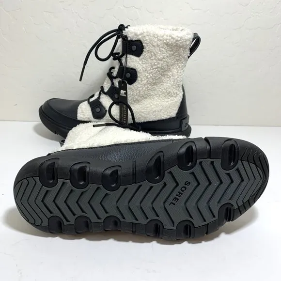 Sorel Explorer II Joan Cozy Boots Faux Fur Lace Up Booties Black Sea Salt NEW