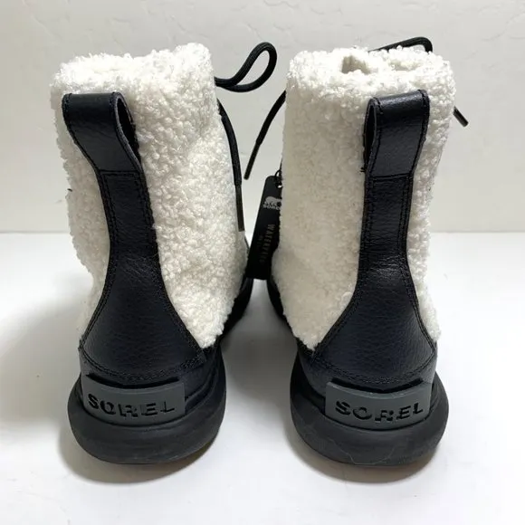 Sorel Explorer II Joan Cozy Boots Faux Fur Lace Up Booties Black Sea Salt NEW