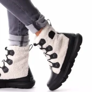 Sorel Explorer II Joan Cozy Boots Faux Fur Lace Up Booties Black Sea Salt NEW
