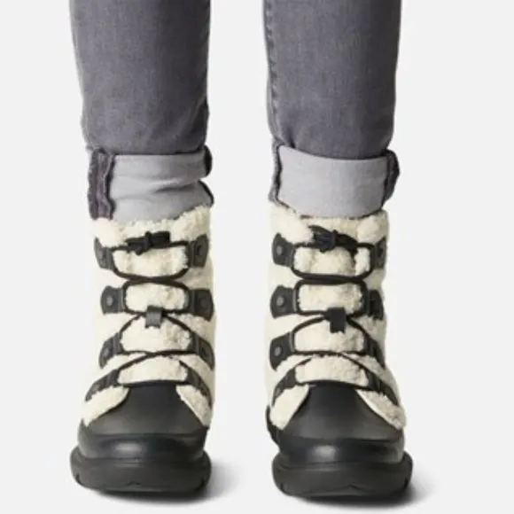 Sorel Explorer II Joan Cozy Boots Faux Fur Lace Up Booties Black Sea Salt NEW