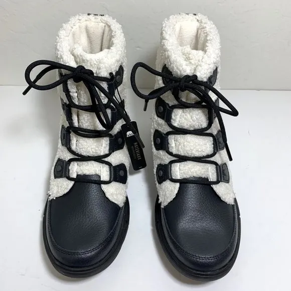 Sorel Explorer II Joan Cozy Boots Faux Fur Lace Up Booties Black Sea Salt NEW