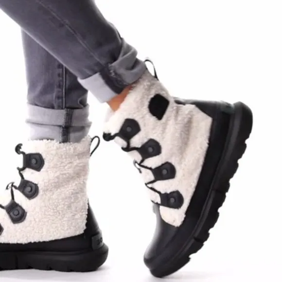 Sorel Explorer II Joan Cozy Boots Faux Fur Lace Up Booties Black Sea Salt NEW