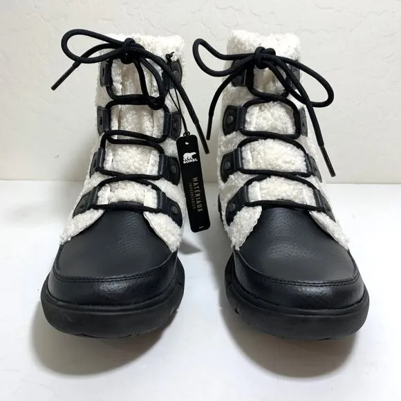 Sorel Explorer II Joan Cozy Boots Faux Fur Lace Up Booties Black Sea Salt NEW