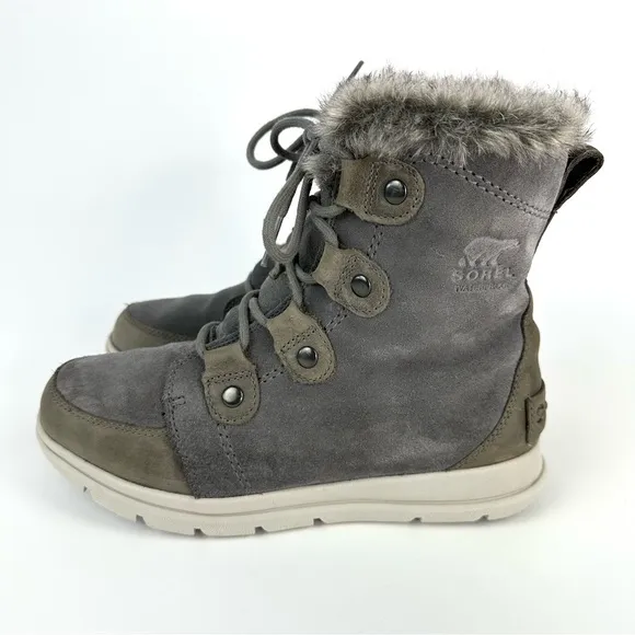 Sorel Explorer Joan Waterproof Suede Lace-Up Boots Grey Size 8