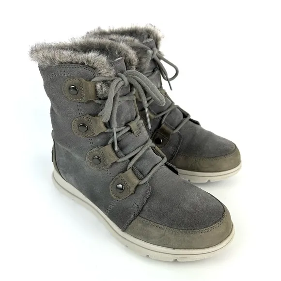 Sorel Explorer Joan Waterproof Suede Lace-Up Boots Grey Size 8