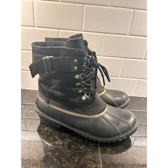 Sorel Fancy Lace II Women Oiled Suede Leather Winter Snow Duck Boots Black SZ 10