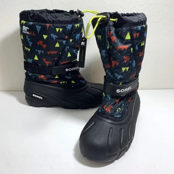 Sorel Flurry Insulated Tall Snow Boots Lined Black Print Youth Size 7 NEW